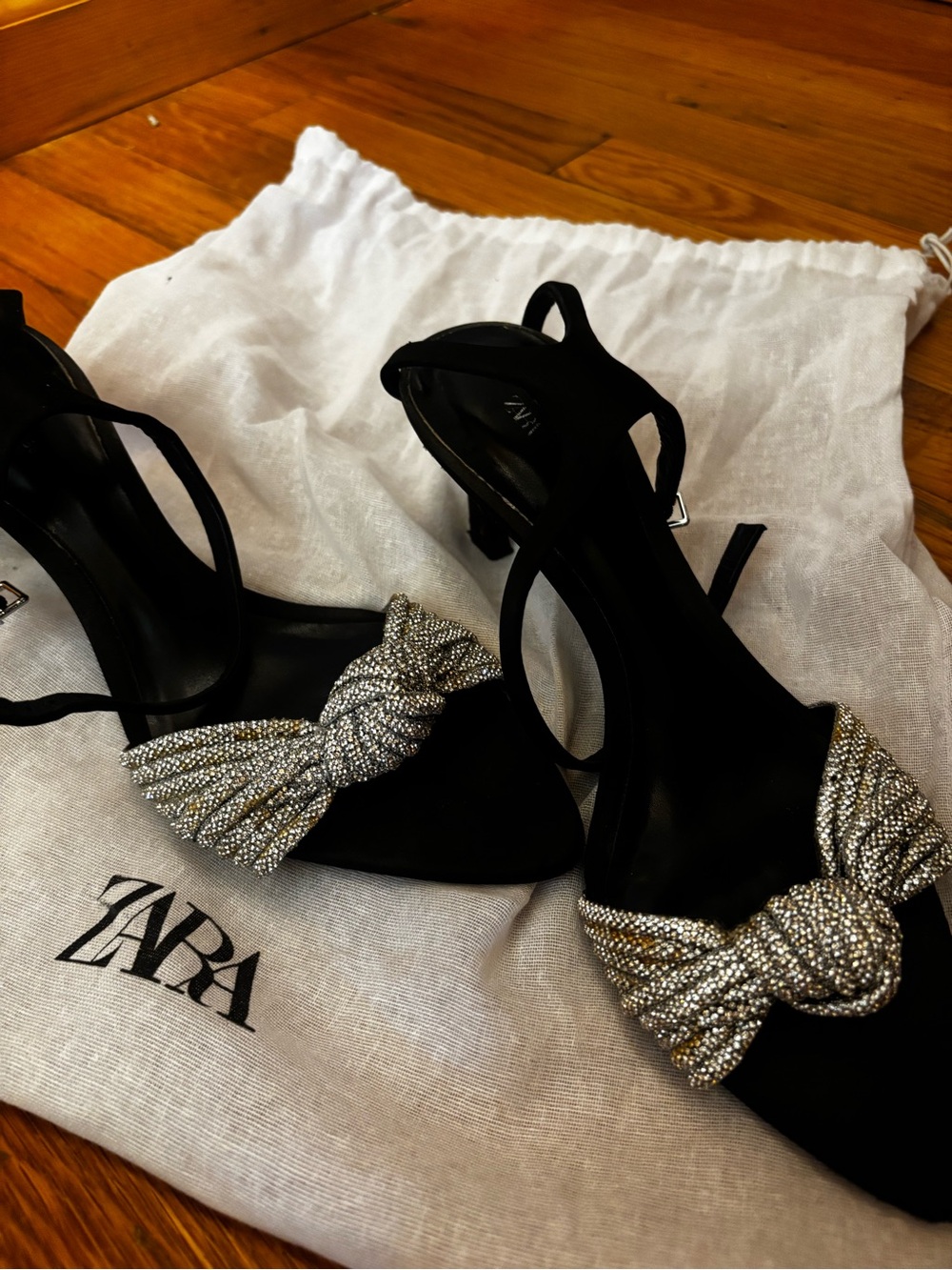 Zara Black Satin Heels with Silver Crystal Knot